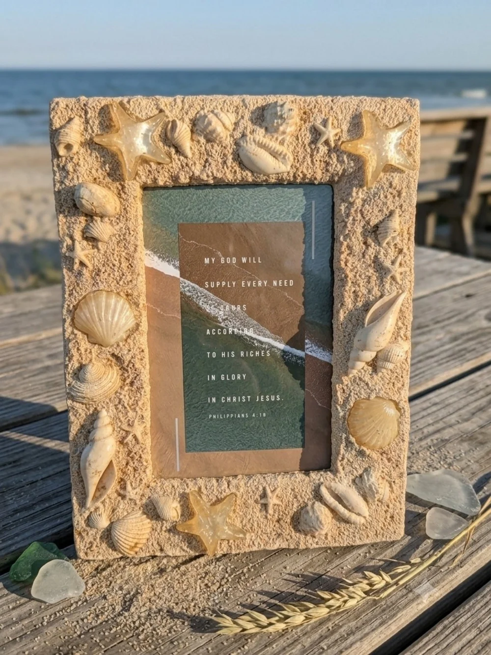 Textured beach picture frame decorated with real seashells and faux-sand finish
